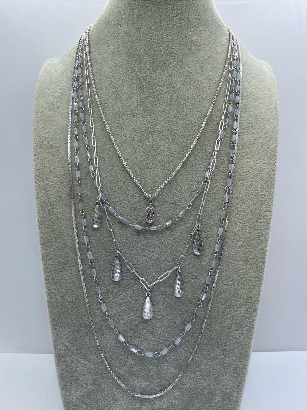 Silver Tone Multi Layer Blue Glass Beaded Necklace Teardrop Charm Statement Boho